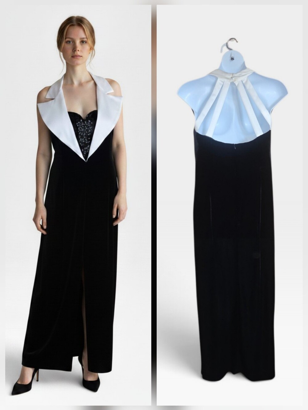 VTG Ever Beauty Tuxedo Style Dress Sweetheart Maxi White Collar Velvet  Gown 14